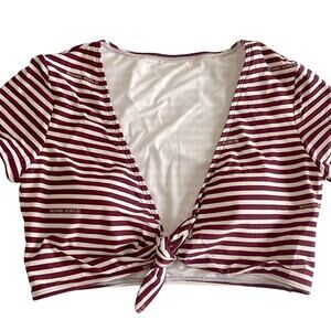 Michael Kors Bikini Shirt Medium Ruby Stripe Tye Front Plunging Neck Padded Cups